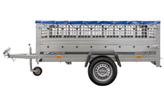 Remorque sans frein 230 x 125 avec bâche plate bleue, ridelles grillagées et roue jockey – Garden Trailer 230 KIPP