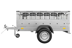 Remorque voiture utilitaire 200 x 125 avec bâche plate, ridelles grillagées et roue jockey – Garden Trailer 201 KIPP