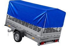 Remorque voiture 264 x 150 UNITRAILER GARDEN 265 KIPP avec ridelles grillagées, arceau H-800 et bâche bleue
