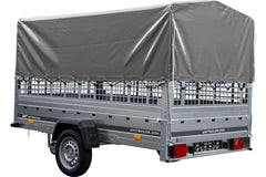 Remorque voiture 264 x 150 UNITRAILER GARDEN 265 KIPP avec ridelles grillagées, arceau H-800 et bâche grise