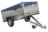 Remorque sans frein 230 x 125 avec bâche plate bleue, ridelles grillagées et roue jockey – Garden Trailer 230 KIPP