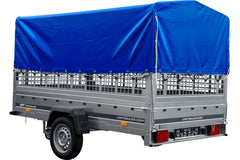 Remorque voiture 264 x 150 UNITRAILER GARDEN 265 KIPP avec ridelles grillagées, arceau H-800 et bâche bleue