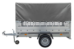 Remorque grand volume 230 x 125 avec bâche haute grise, ridelles grillagées et roue jockey – Garden Trailer 230 KIPP