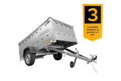 Remorque grand volume 230 x 125 avec bâche plate grise, tiges de support bâche, rehausses de ridelles et roue jockey – Garden Trailer 230 KIPP