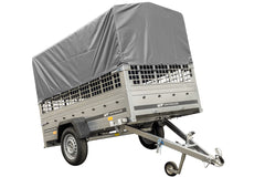 Remorque grand volume 230 x 125 avec bâche haute grise, ridelles grillagées et roue jockey – Garden Trailer 230 KIPP