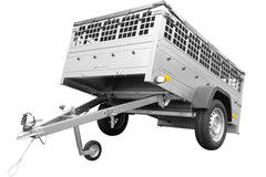Remorque grillagée 200 x 125 avec bâche plate grise, tiges de support bâche, ridelles grillagées et roue jockey – Garden Trailer 201 KIPP