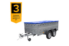 Remorque double essieux Garden Trailer 264/2 KIPP avec roue jockey, rehausses de ridelles et bâche plate bleue
