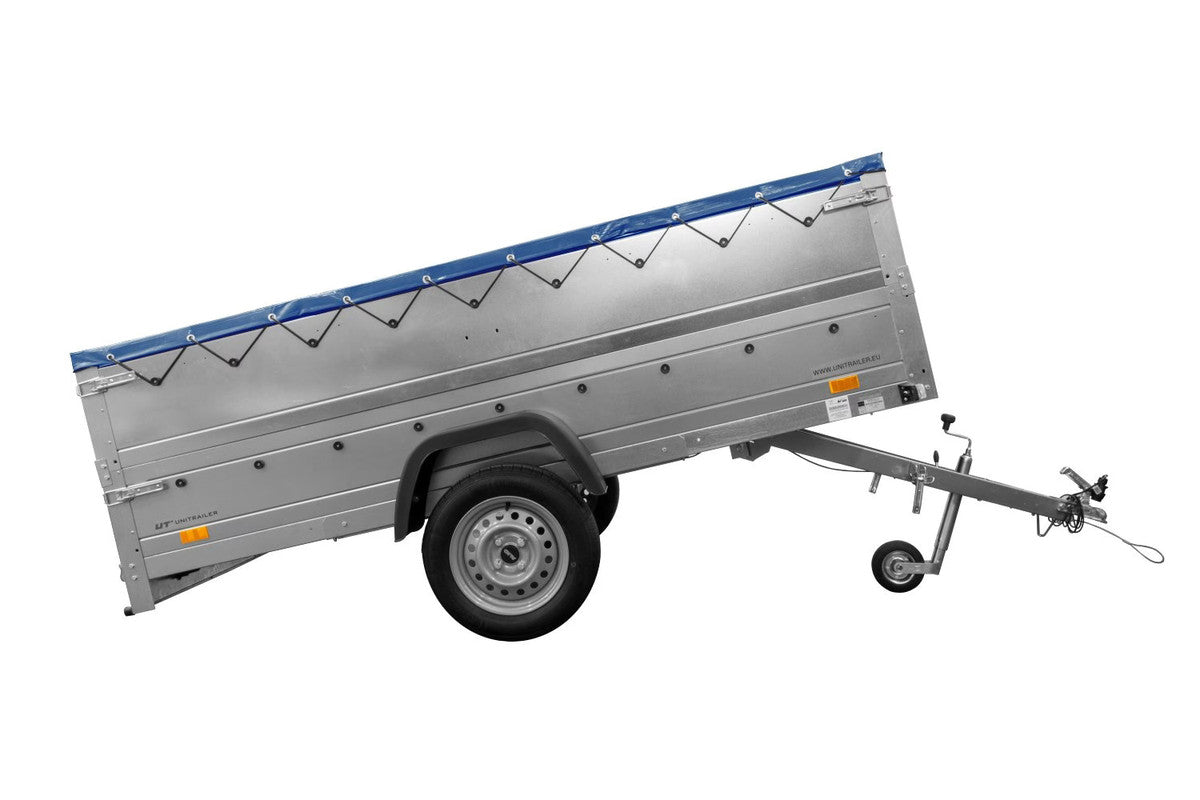 Remorque simple essieu Unitrailer GARDEN TRAILER 264 KIPP avec rehausses de ridelles et bâche plate bleue
