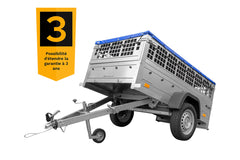 Remorque grillagée 200 x 106 avec bâche plate bleue, ridelles grillagées et roue jockey – Garden Trailer 200 KIPP