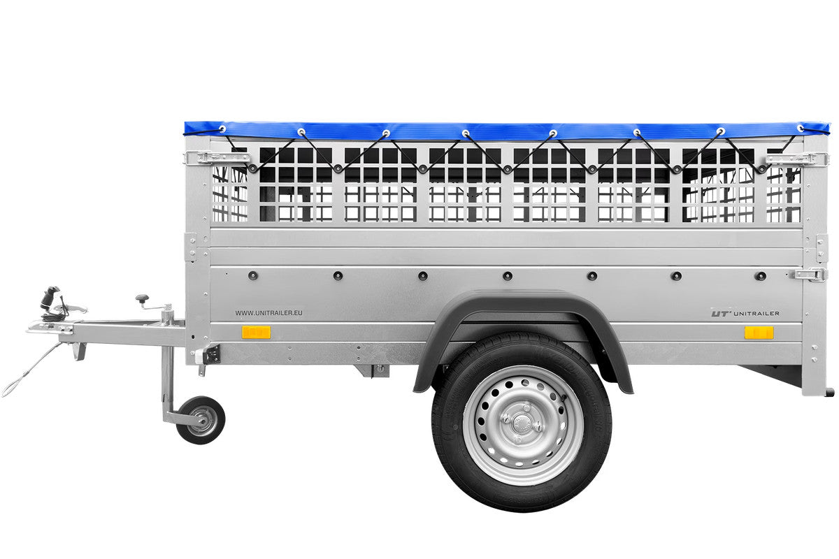 Remorque utilitaire 200 x 125 avec bâche plate, ridelles grillagées et roue jockey – Garden Trailer 201 KIPP