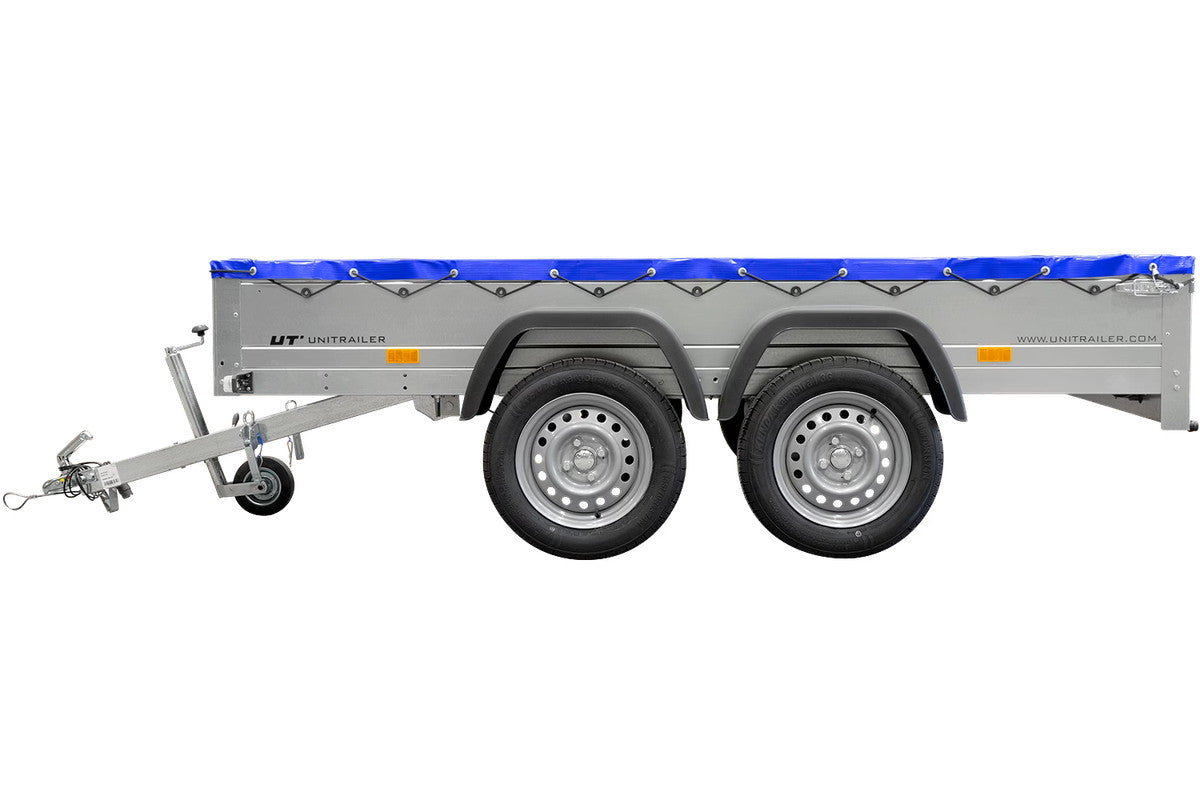 Remorque UNITRAILER 264/2 KIPP AVEC ROUE JOCKEY, TIGES DE SUPPORT ET BÂCHE PLATE BLEUE