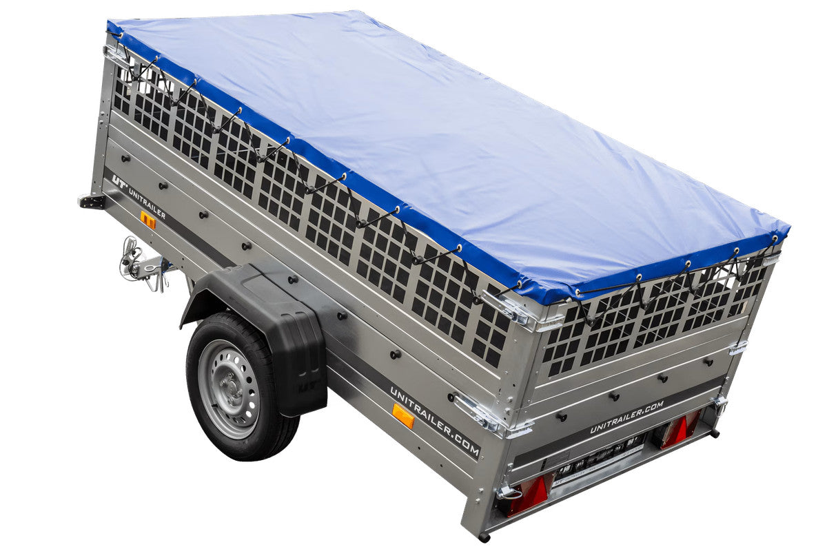 Remorque sans frein 230 x 125 avec bâche plate bleue, ridelles grillagées et roue jockey – Garden Trailer 230 KIPP