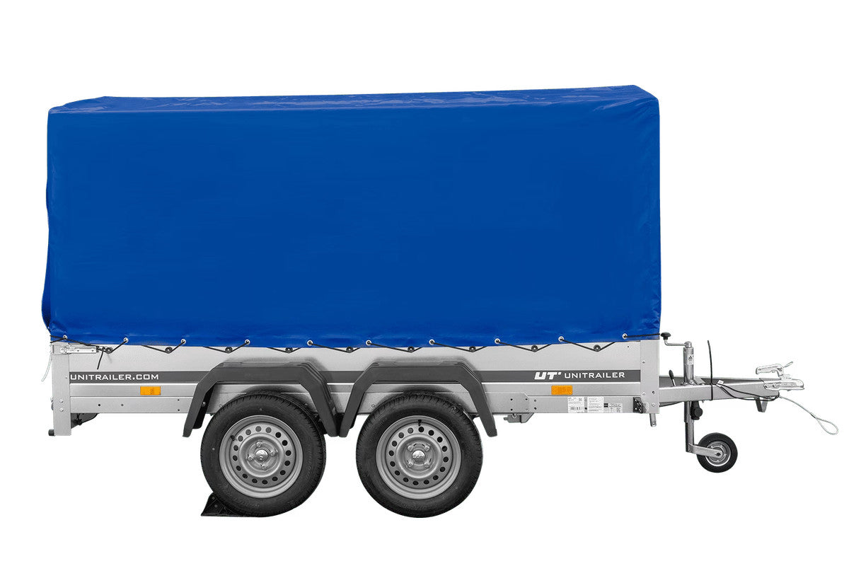 Remorque à deux essieux 264 x 150 UNITRAILER GARDEN 265/2 KIPP avec châssis H-1100 et bâche bleue