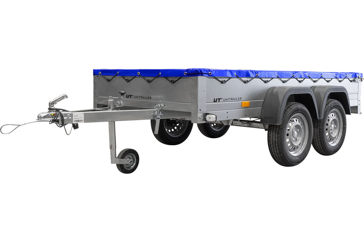 Remorque UNITRAILER 264/2 KIPP AVEC ROUE JOCKEY, TIGES DE SUPPORT ET BÂCHE PLATE BLEUE