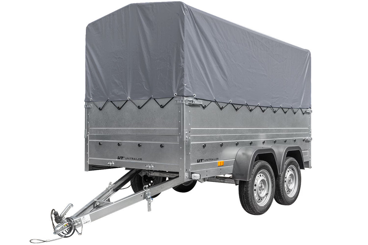Remorque voiture 2 essieux UNITRAILER GARDEN TRAILER 264/2 KIPP avec roue jockey, côtés ridelles supplémentaires, châssis h-800 et bâche grise