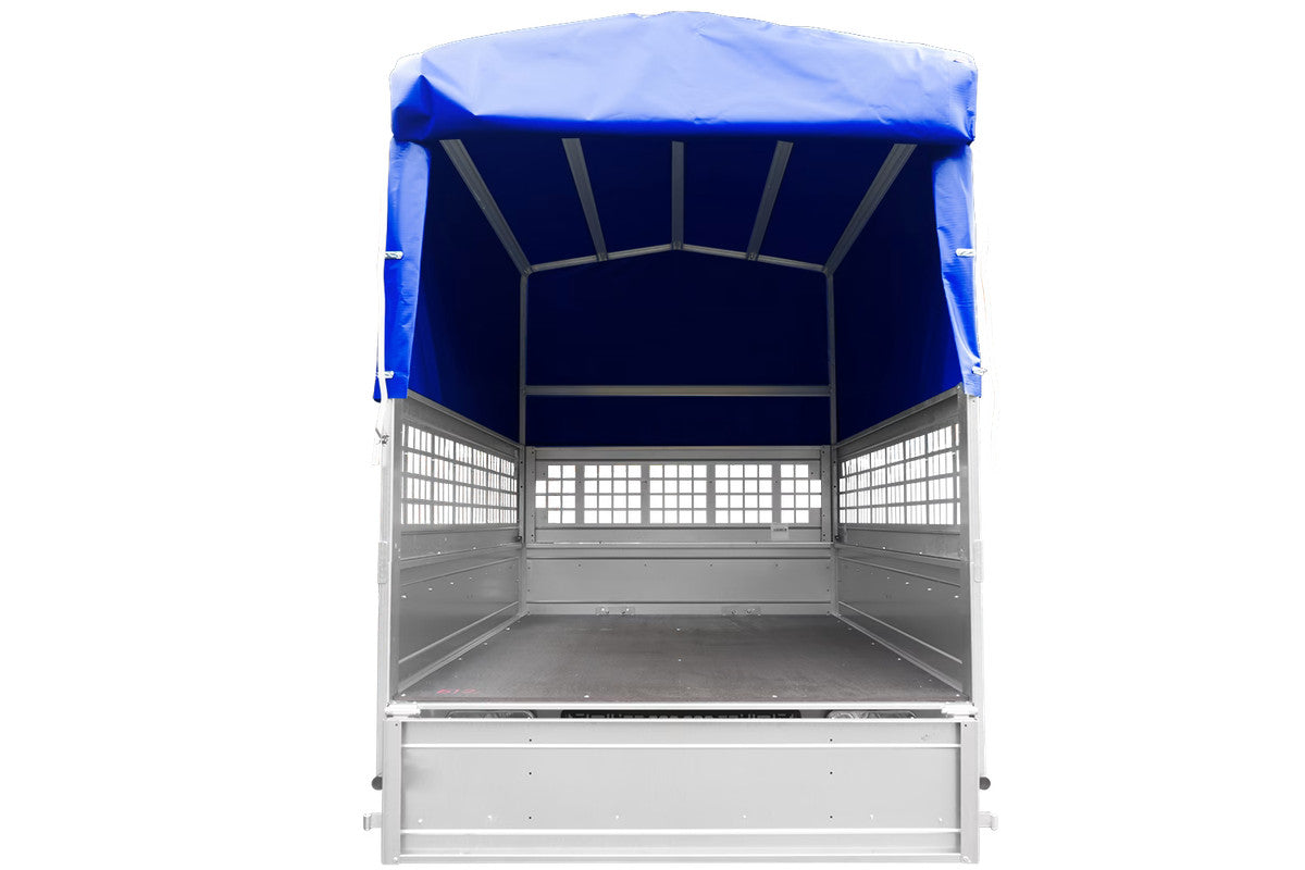 Remorque neuve à vendre Garden Trailer 201 KIPP 500 kg 200 x 125 cm [avec bâche haute bleue, arceau, ridelles grillagées et roue jockey]