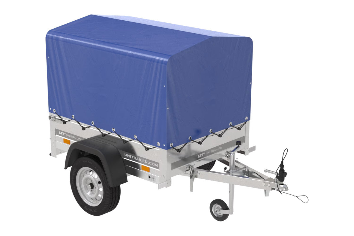 Remorque pour voiture 150 x 106 bâche bleue + arceau, PTAC 500 kg Garden Trailer 150 KIPP [avec roue jockey]