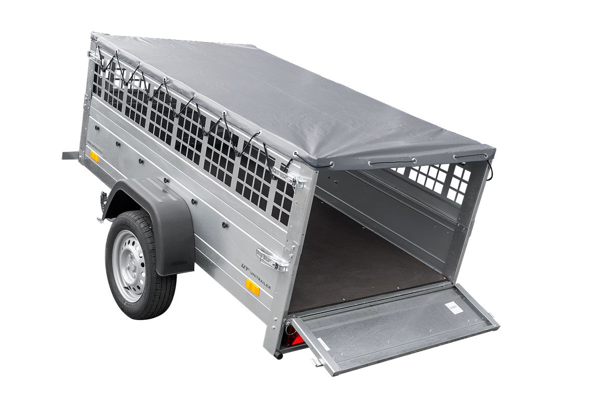 Remorque grillagée 200 x 106 avec bâche plate grise, ridelles grillagées et roue jockey – Garden Trailer 200 KIPP