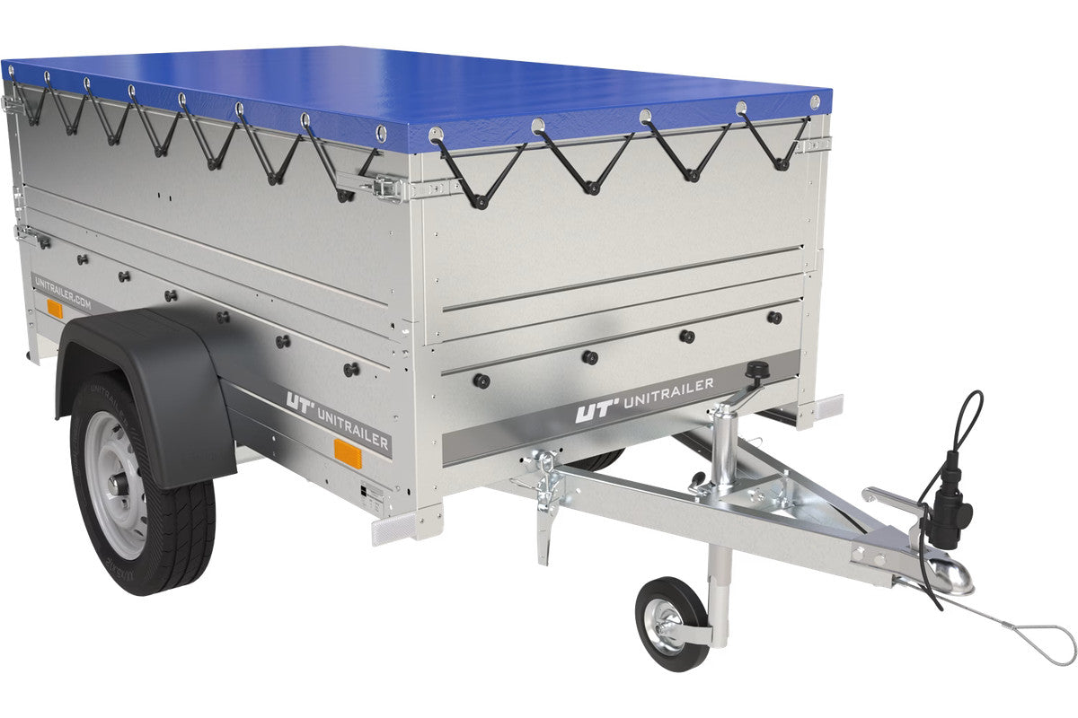 Remorque Garden Trailer 200 Kipp avec roue jockey, rehausses, châssis H-0 et bâche bleue