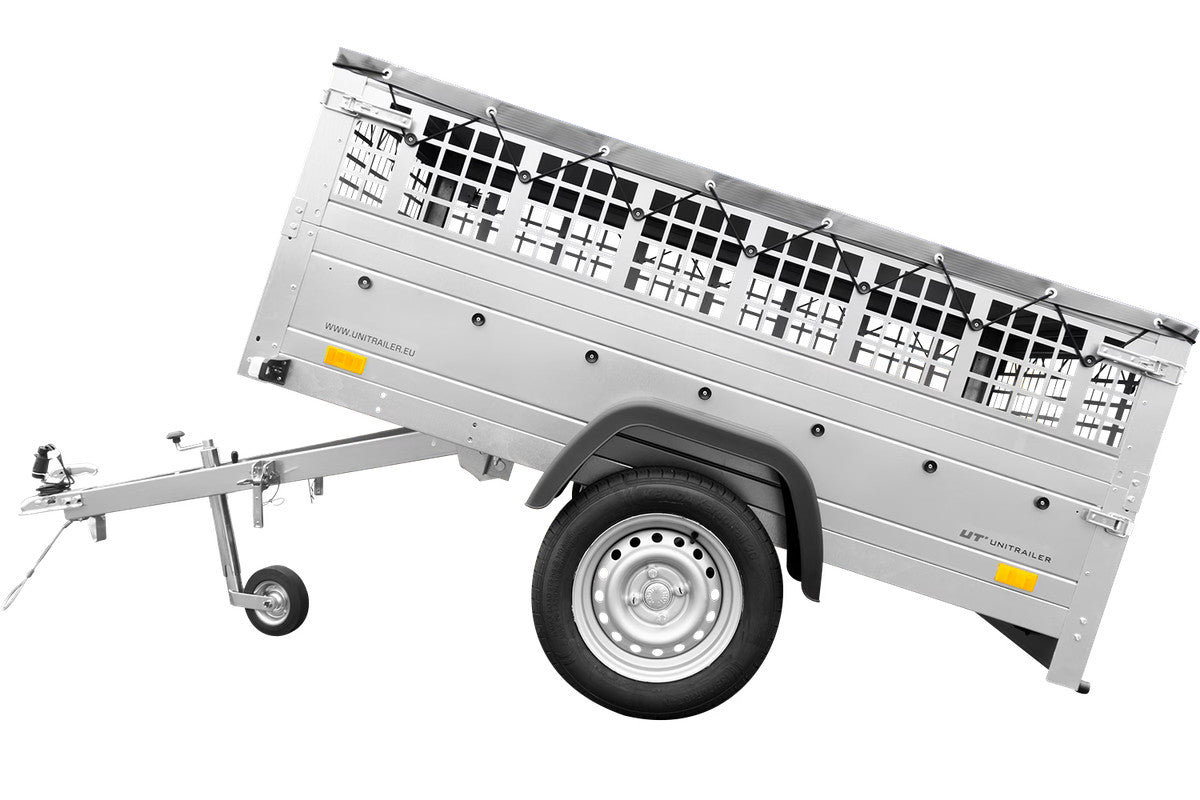 Remorque grillagée 200 x 125 avec bâche plate grise, tiges de support bâche, ridelles grillagées et roue jockey – Garden Trailer 201 KIPP