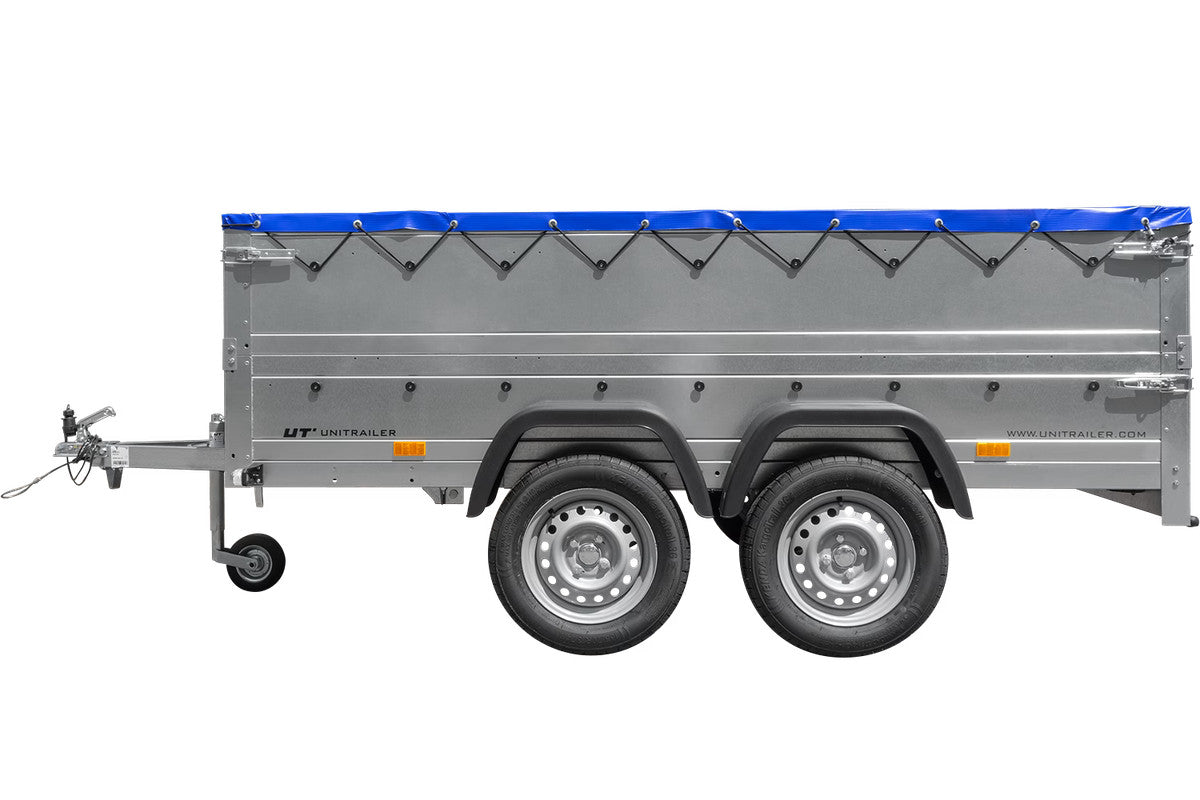 Remorque double essieux Garden Trailer 264/2 KIPP avec roue jockey, rehausses de ridelles et bâche plate bleue