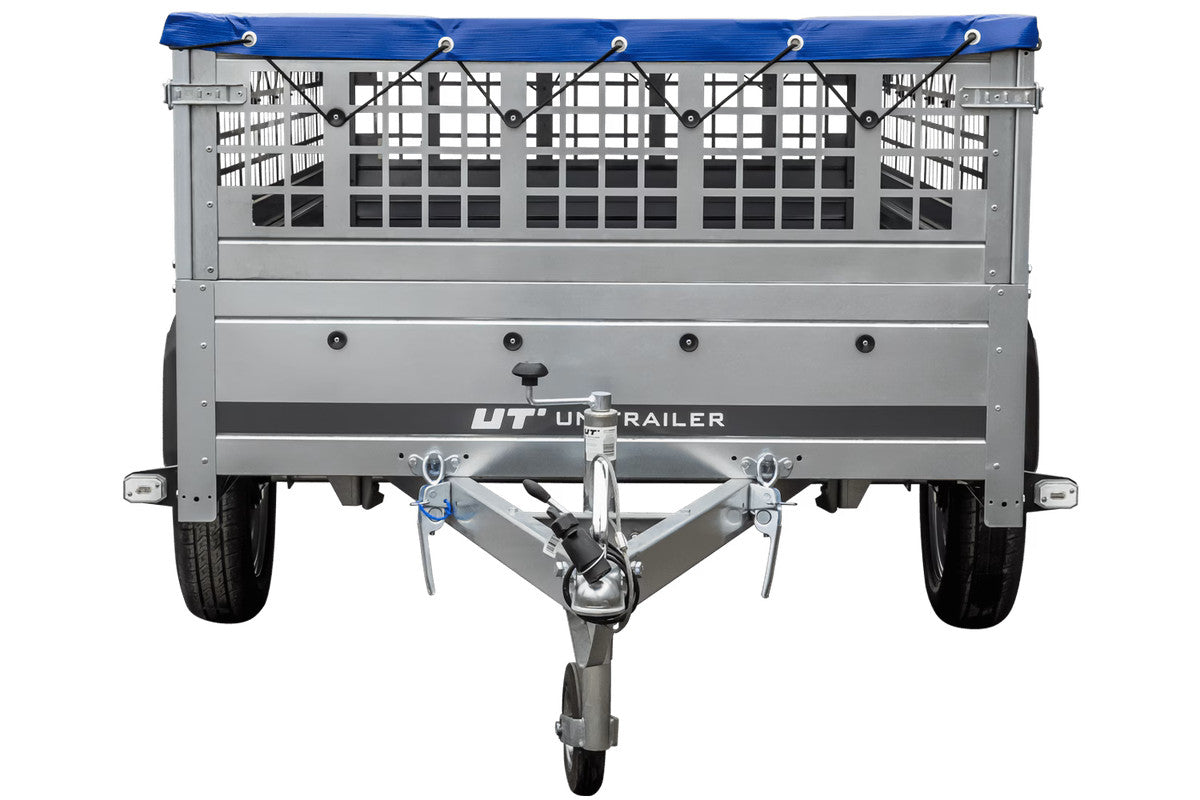 Remorque sans frein 230 x 125 avec bâche plate bleue, ridelles grillagées et roue jockey – Garden Trailer 230 KIPP