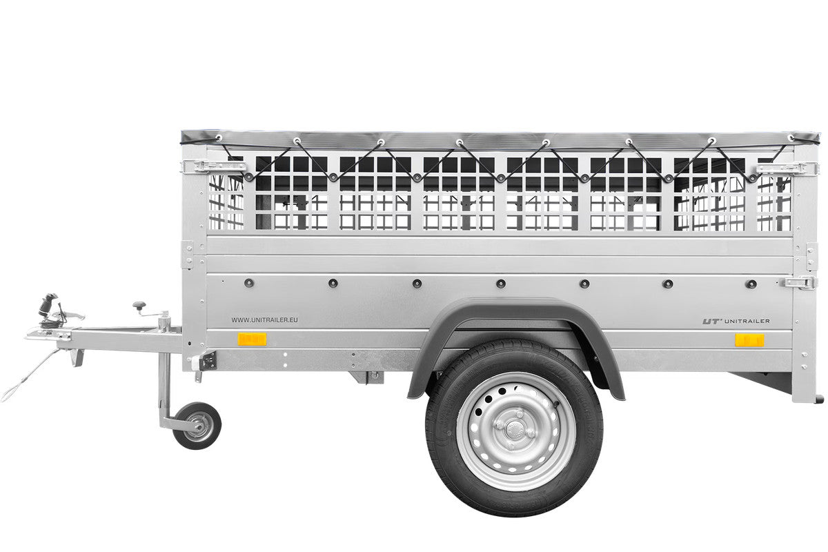 Remorque grillagée 200 x 125 avec bâche plate grise, tiges de support bâche, ridelles grillagées et roue jockey – Garden Trailer 201 KIPP