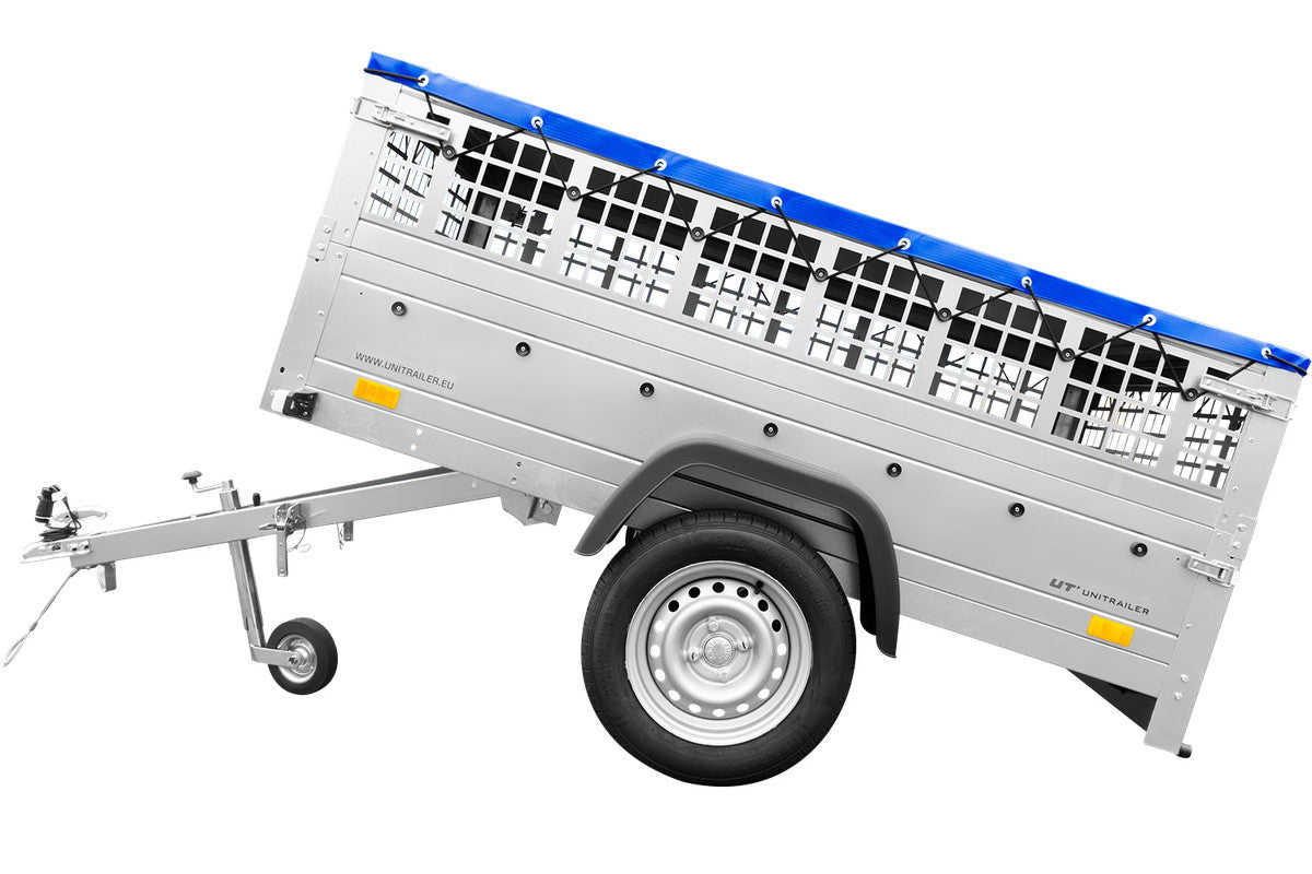 Remorque simple essieu 200 x 125 avec bâche plate, tiges de support bâche, ridelles grillagées et roue jockey – Garden Trailer 201 KIPP