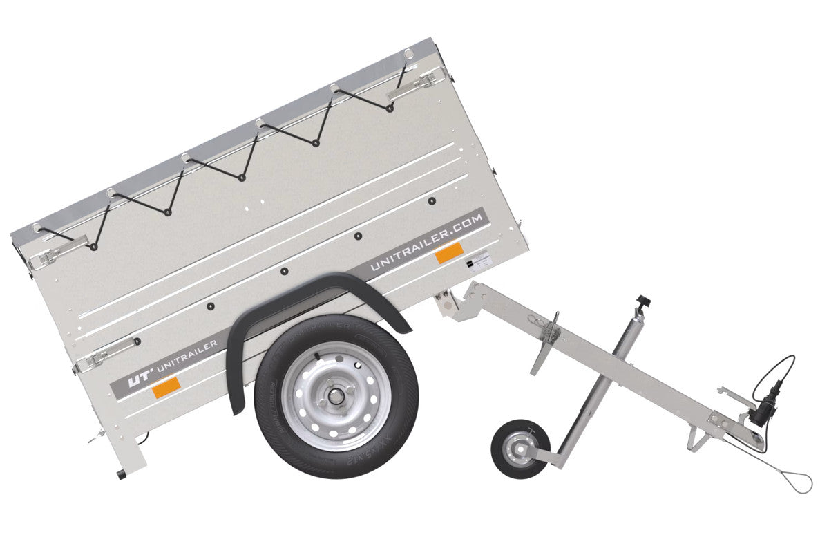 Remorque petite à vendre à benne basculante – Garden Trailer 150 KIPP [avec rehausses de ridelles et bâche plate grise]