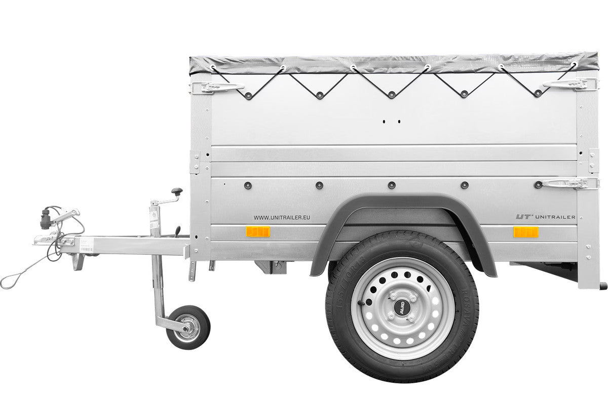 Remorque petite à vendre à benne basculante – Garden Trailer 150 KIPP [avec rehausses de ridelles et bâche plate grise]