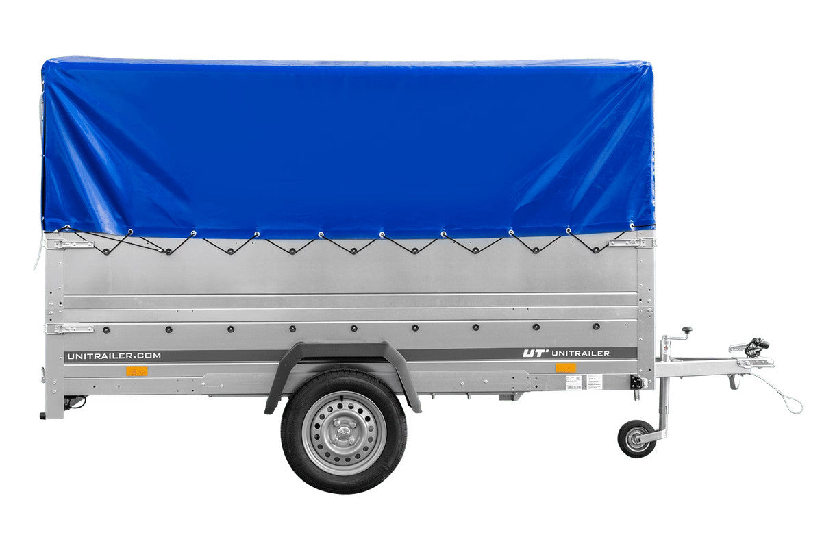 Remorque à un essieu 264 x 150 UNITRAILER GARDEN 265 KIPP avec ridelles BIS, arceau H-800 et bâche bleue