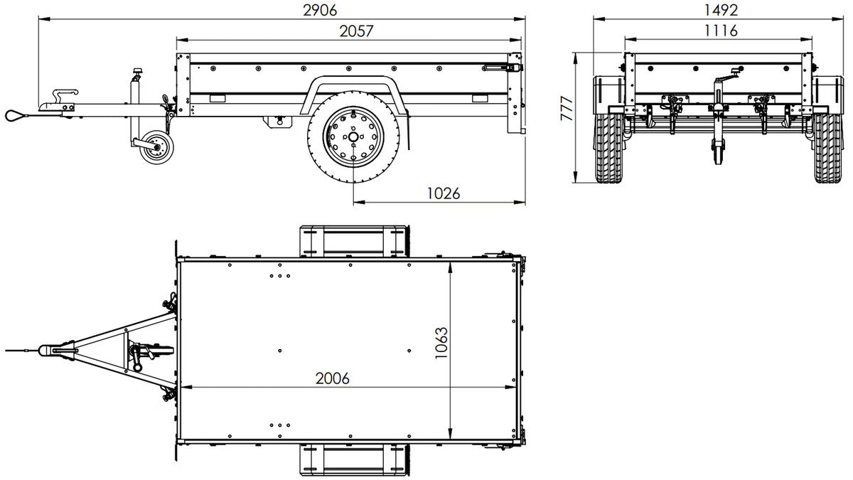 Remorque grillagée 200 x 106 avec bâche plate grise, tiges de support bâche, ridelles grillagées et roue jockey – Garden Trailer 200 KIPP