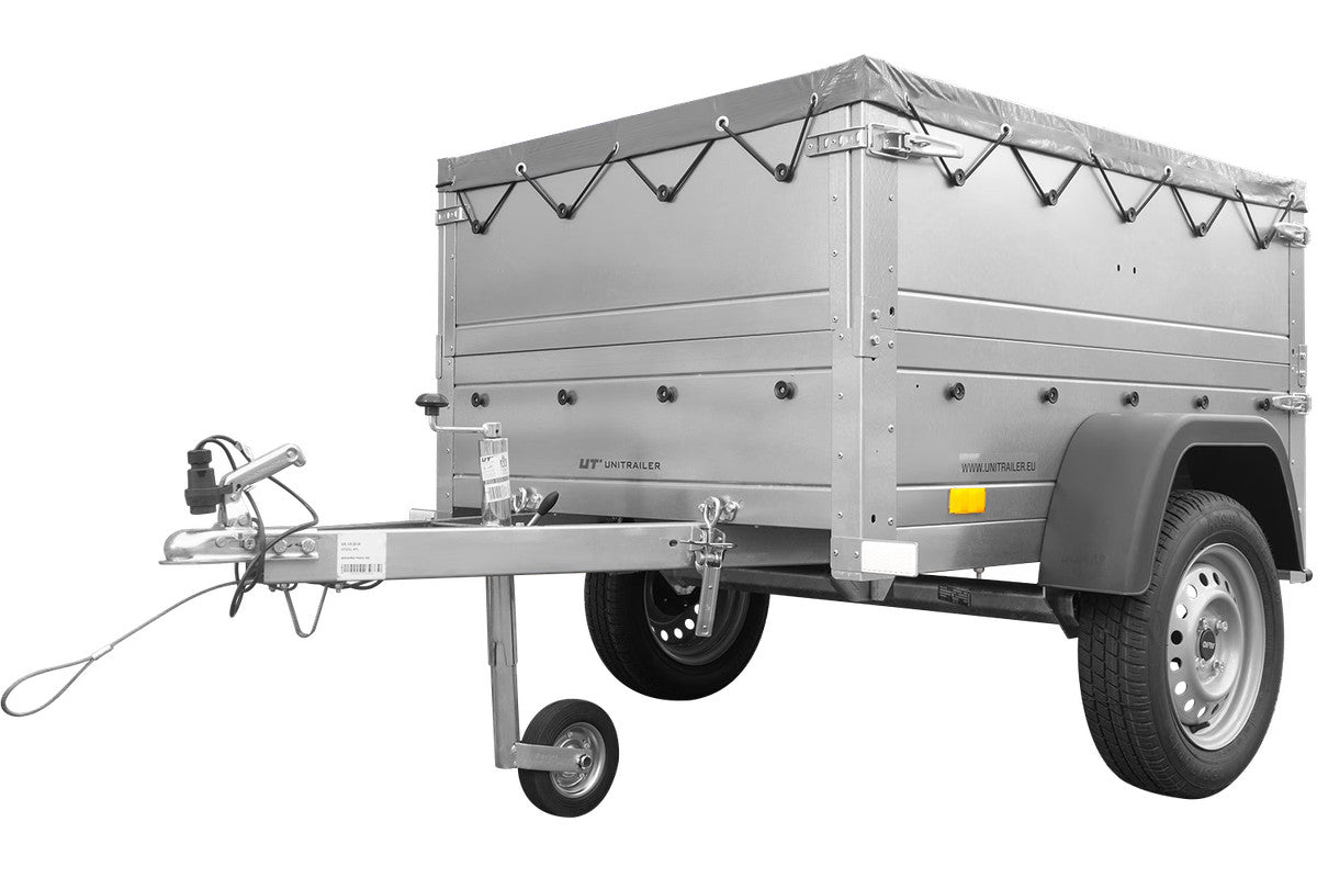 Remorque petite à vendre à benne basculante – Garden Trailer 150 KIPP [avec rehausses de ridelles et bâche plate grise]