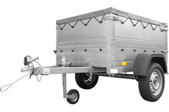 Remorque petite à vendre à benne basculante – Garden Trailer 150 KIPP [avec rehausses de ridelles et bâche plate grise]