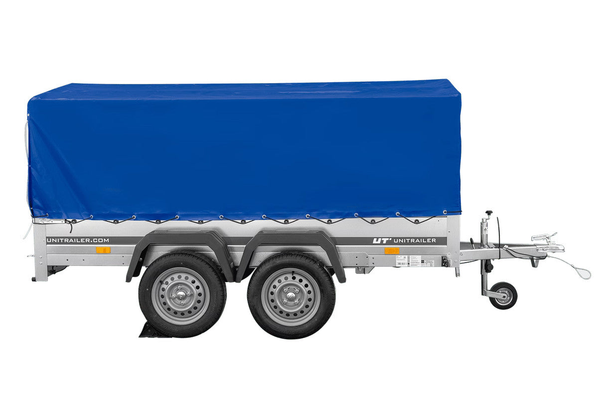 Remorque à deux essieux 264 x 150 UNITRAILER GARDEN 265/2 KIPP avec châssis H-800 et bâche bleue
