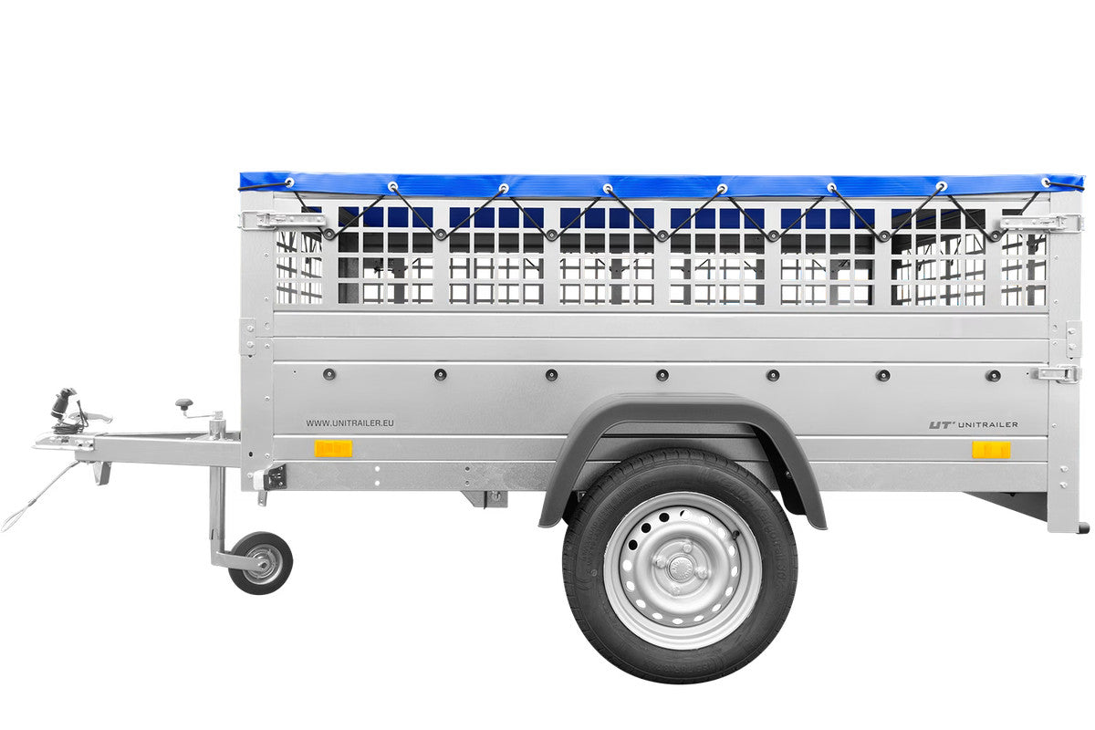 Remorque simple essieu 200 x 125 avec bâche plate, tiges de support bâche, ridelles grillagées et roue jockey – Garden Trailer 201 KIPP