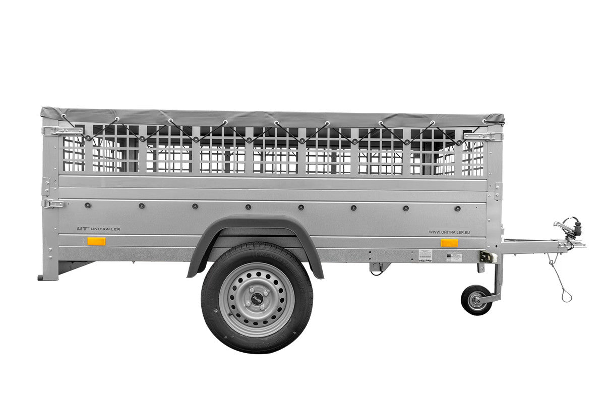 Remorque grand volume 230 x 125 avec bâche plate, ridelles grillagées, roue jockey et tiges de support bâche – Garden Trailer 230 KIPP