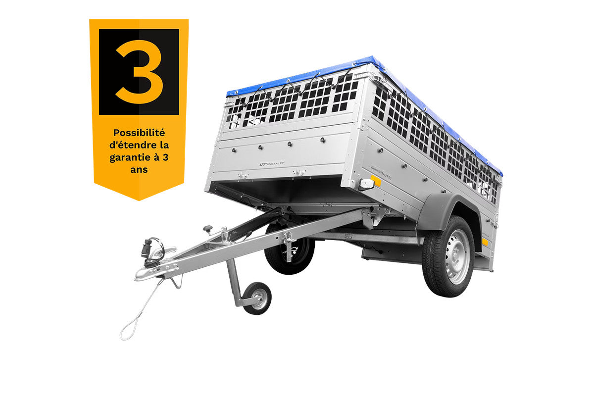 Remorque utilitaire 200 x 125 avec bâche plate, ridelles grillagées et roue jockey – Garden Trailer 201 KIPP