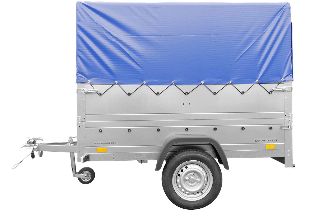 Remorque simple essieu 200 x 125 avec bâche haute, arceau, rehausses de ridelles et roue jockey – Garden Trailer 201 KIPP