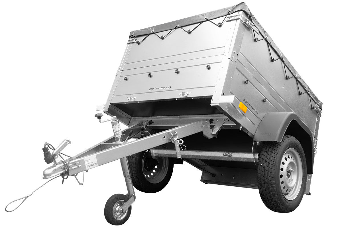 Remorque petite à vendre à benne basculante – Garden Trailer 150 KIPP [avec rehausses de ridelles et bâche plate grise]