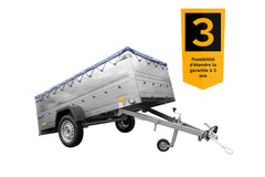 Remorque simple essieu Unitrailer GARDEN TRAILER 264 KIPP avec rehausses de ridelles et bâche plate bleue