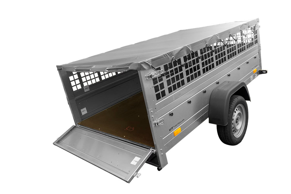 Remorque grand volume 230 x 125 avec bâche plate, ridelles grillagées, roue jockey et tiges de support bâche – Garden Trailer 230 KIPP