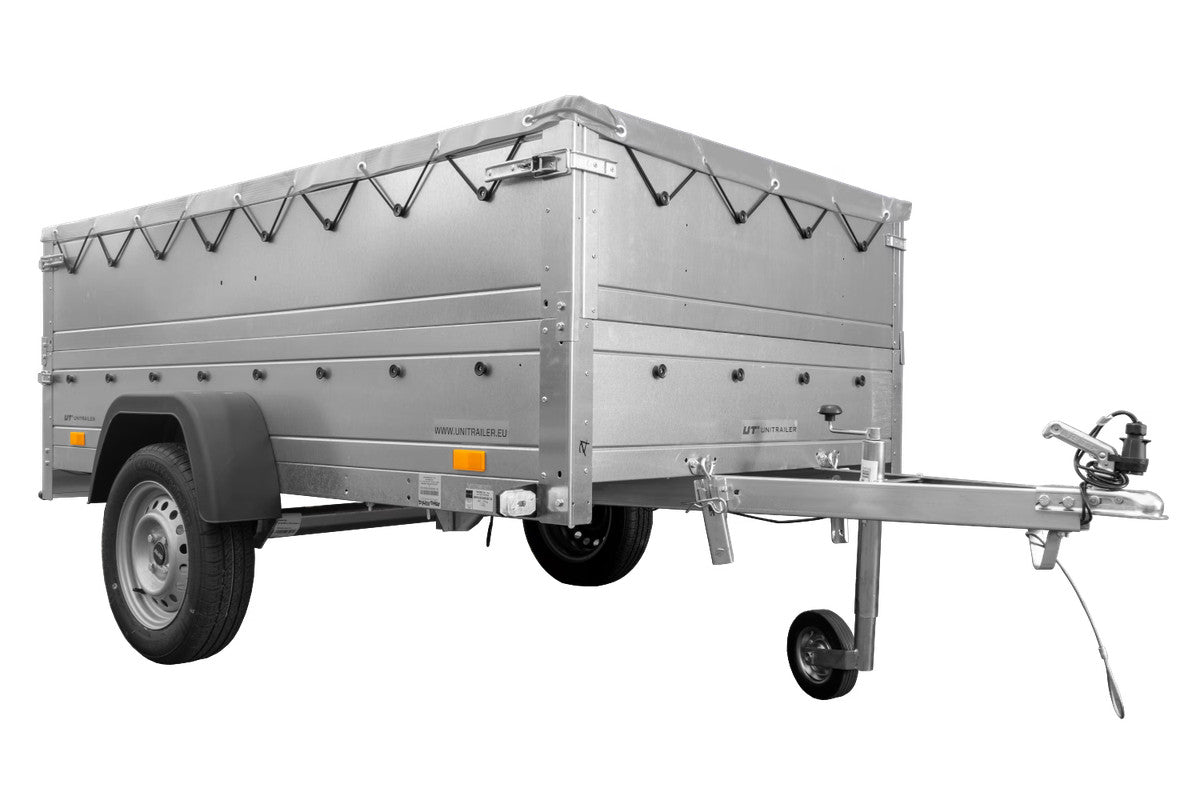 Remorque grand volume 230 x 125 avec bâche plate grise, rehausses de ridelles et roue jockey – Garden Trailer 230 KIPP