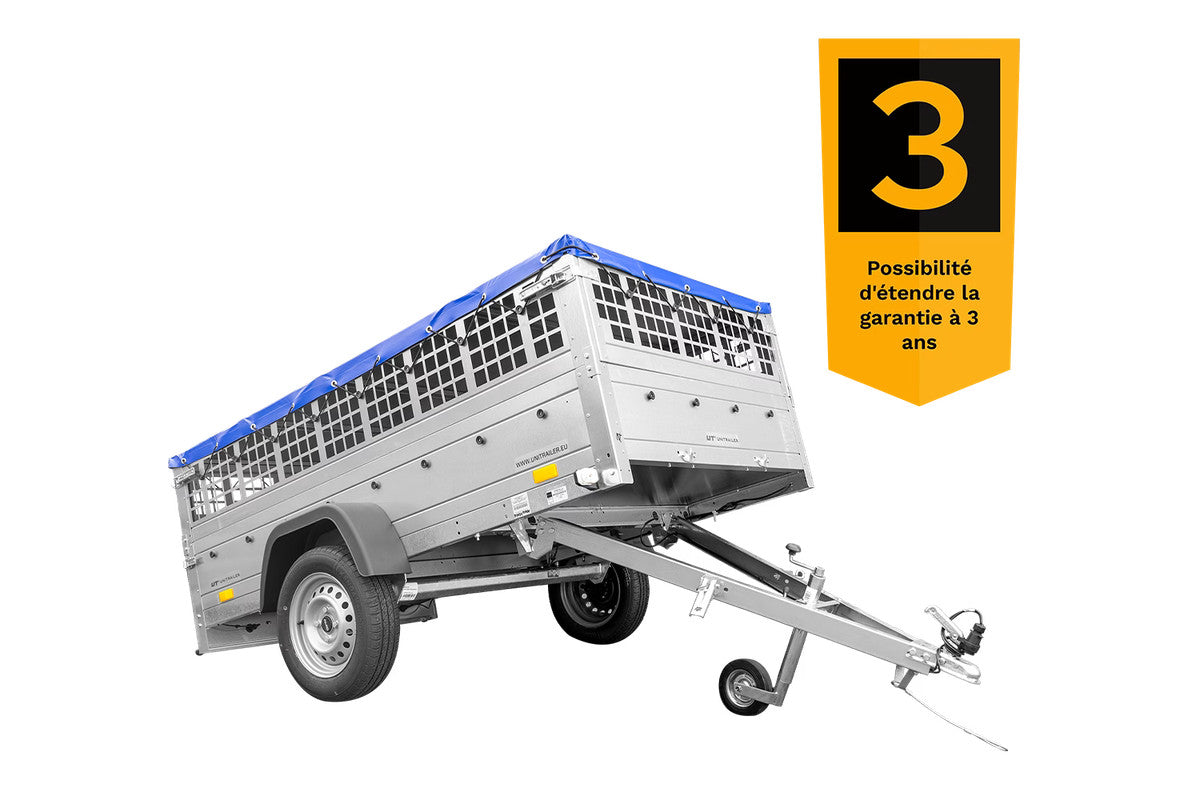 Remorque sans frein 230 x 125 avec bâche plate bleue, ridelles grillagées et roue jockey – Garden Trailer 230 KIPP
