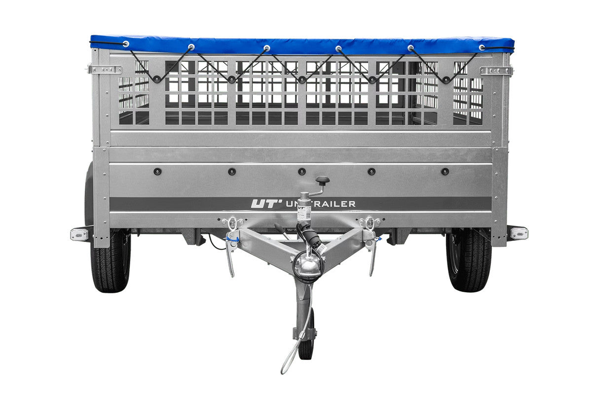 Remorque légère 264 x 150 UNITRAILER GARDEN 265 KIPP avec ridelles grillagées, châssis H-0 et bâche bleue