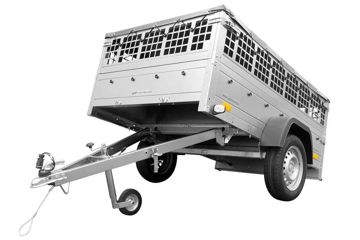 Remorque voiture utilitaire 200 x 125 avec bâche plate, ridelles grillagées et roue jockey – Garden Trailer 201 KIPP