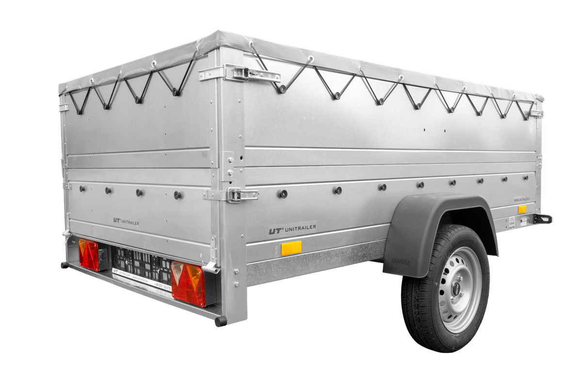 Remorque grand volume 230 x 125 avec bâche plate grise, tiges de support bâche, rehausses de ridelles et roue jockey – Garden Trailer 230 KIPP