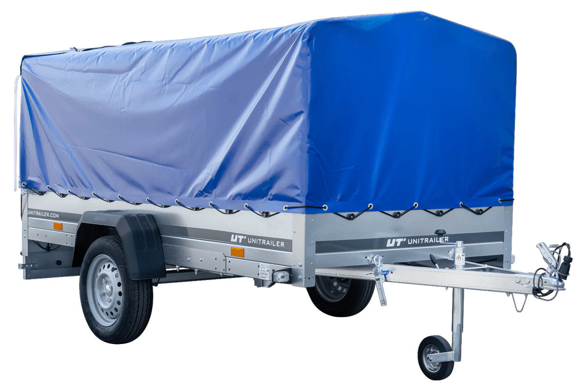 Remorque voiture longue GARDEN TRAILER 264 KIPP avec roue jockey et bâche bleue
