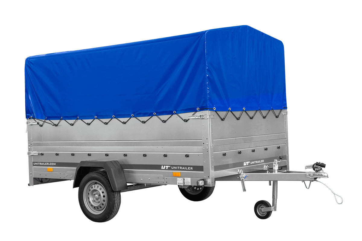 Remorque à un essieu 264 x 150 UNITRAILER GARDEN 265 KIPP avec ridelles BIS, arceau H-800 et bâche bleue