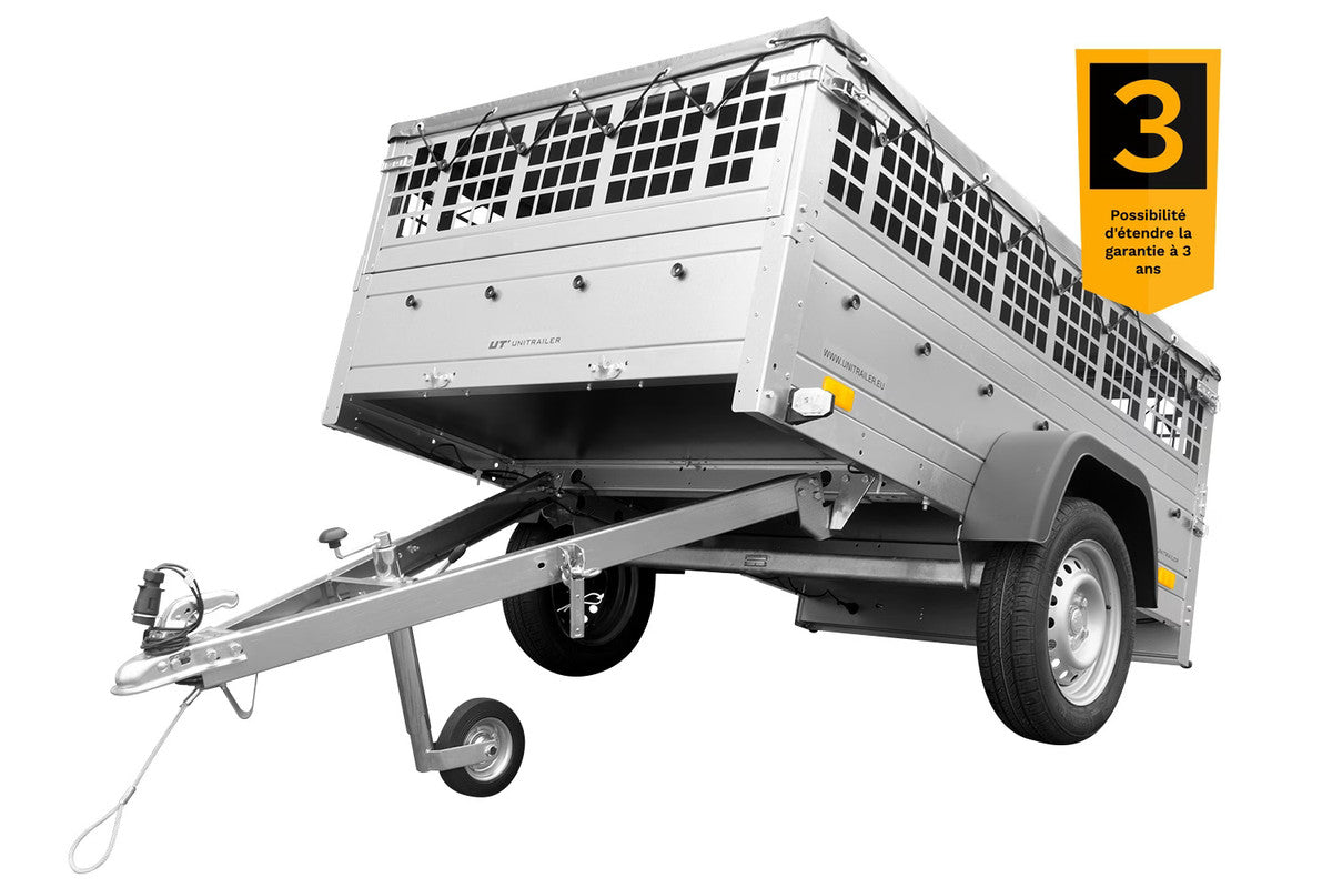 Remorque voiture utilitaire 200 x 125 avec bâche plate, ridelles grillagées et roue jockey – Garden Trailer 201 KIPP
